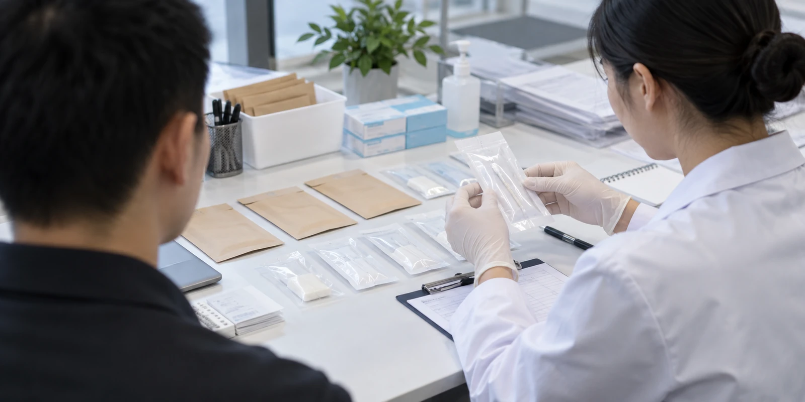工作人员在整洁桌面核对独立样本包装的亲子鉴定咨询示意场景