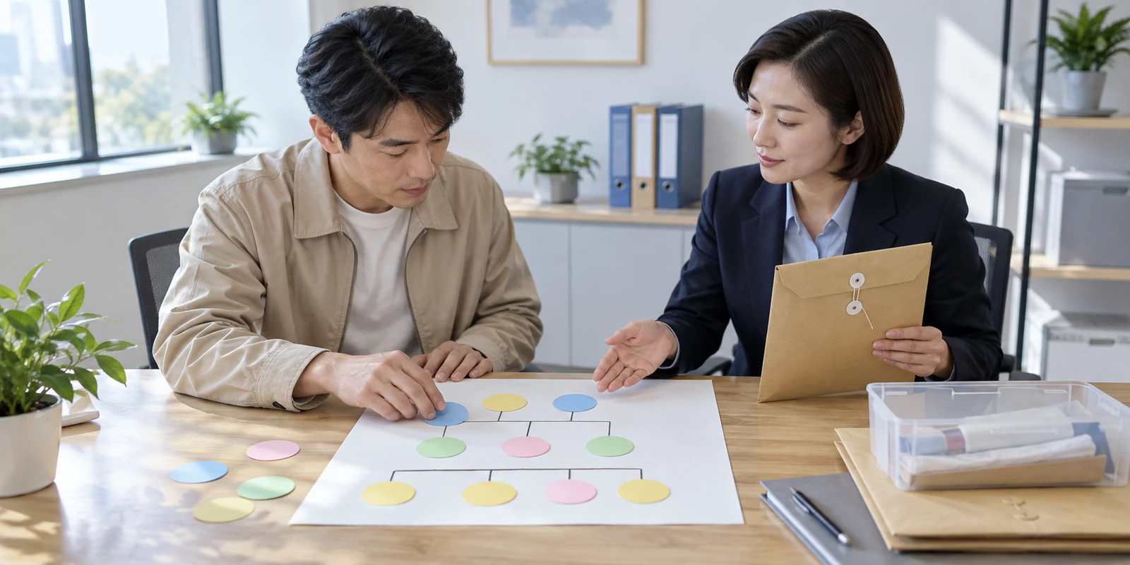 成年家属用彩色关系卡片梳理亲子鉴定所需亲缘信息 成年人在独立咨询室核对亲子鉴定资料与隐私保护事项