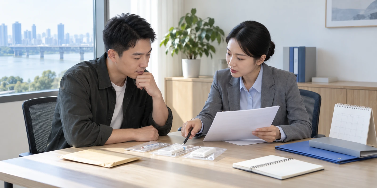 成年人在咨询桌前核对亲子鉴定到访与时间安排