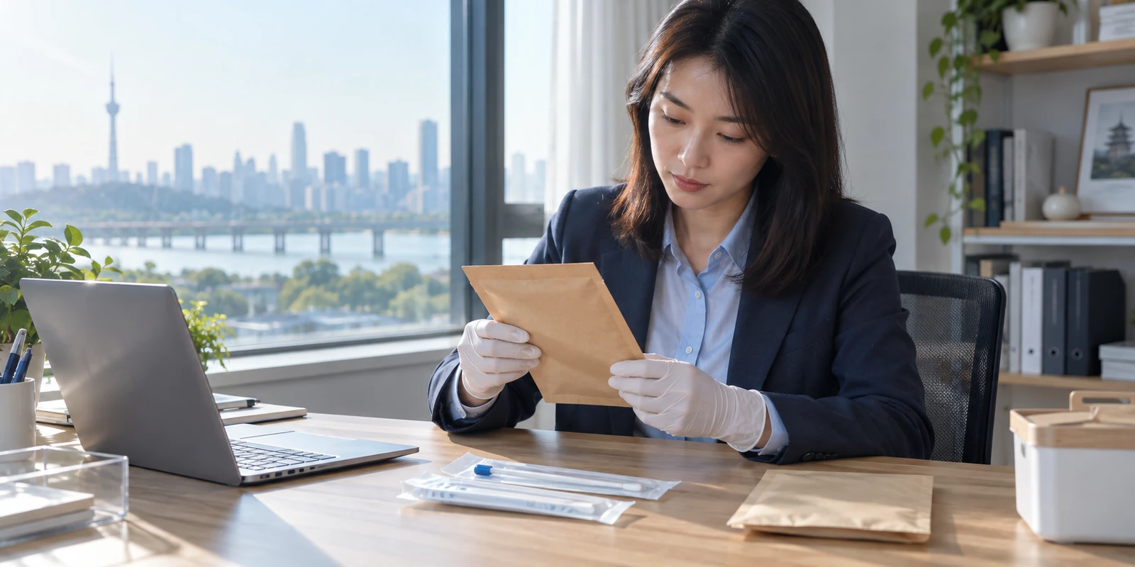 成年人核对保存的亲子鉴定样本包装及未拆封用品