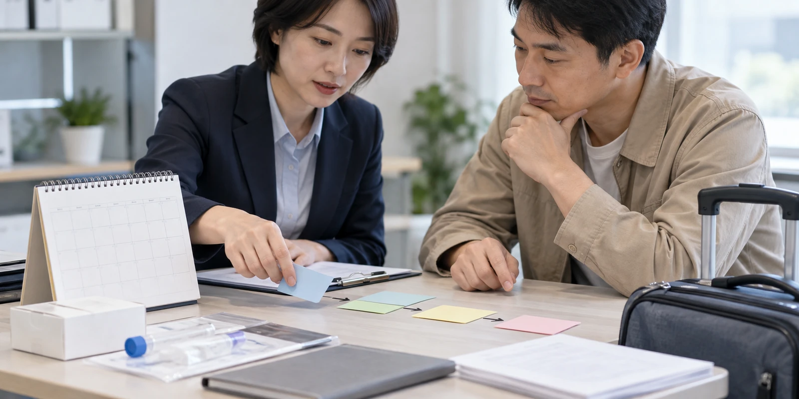 成年人在咨询桌前核对亲子鉴定到访与时间安排
