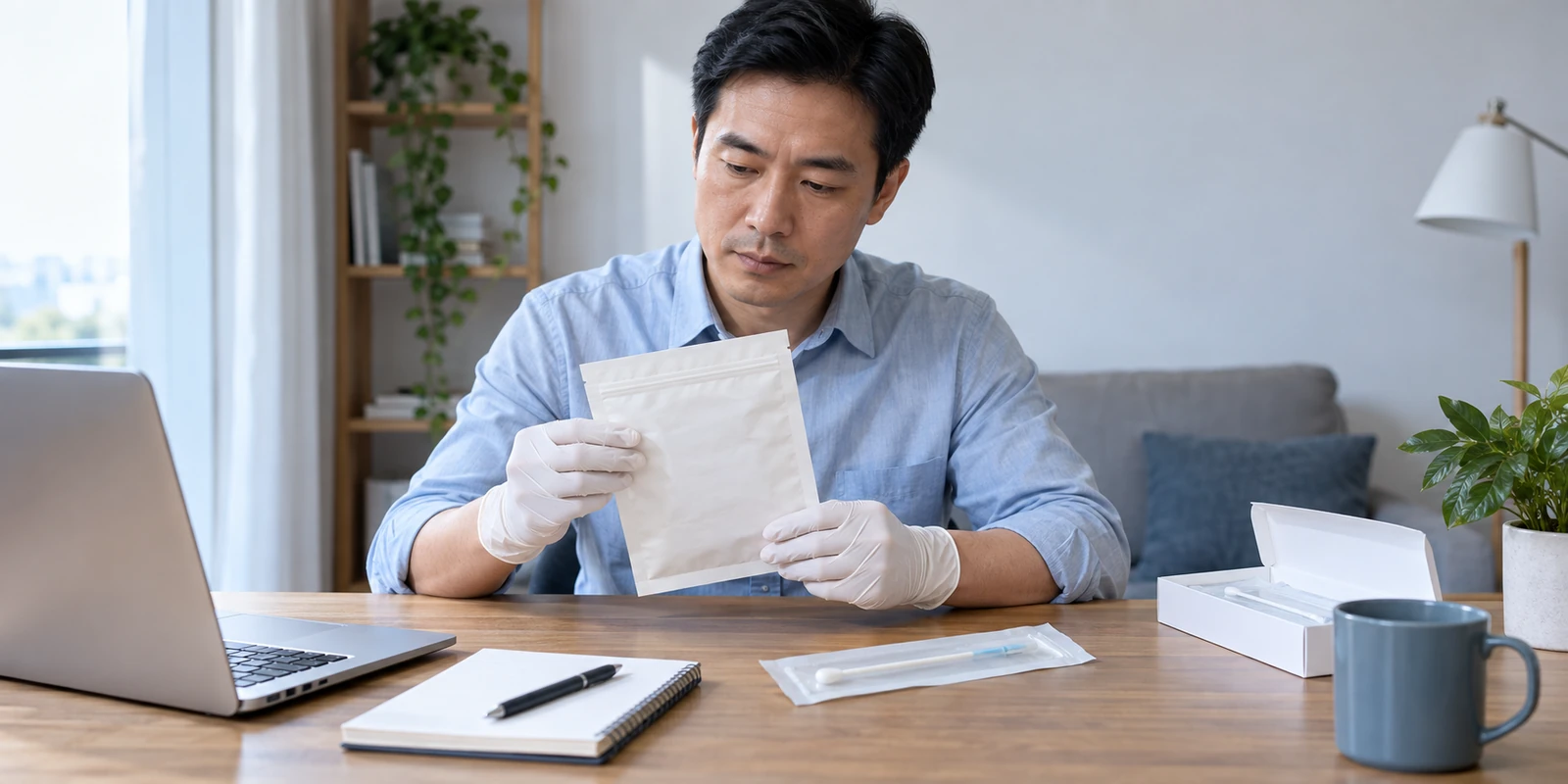 工作人员在桌面核对亲子鉴定样本包装与未拆封用品