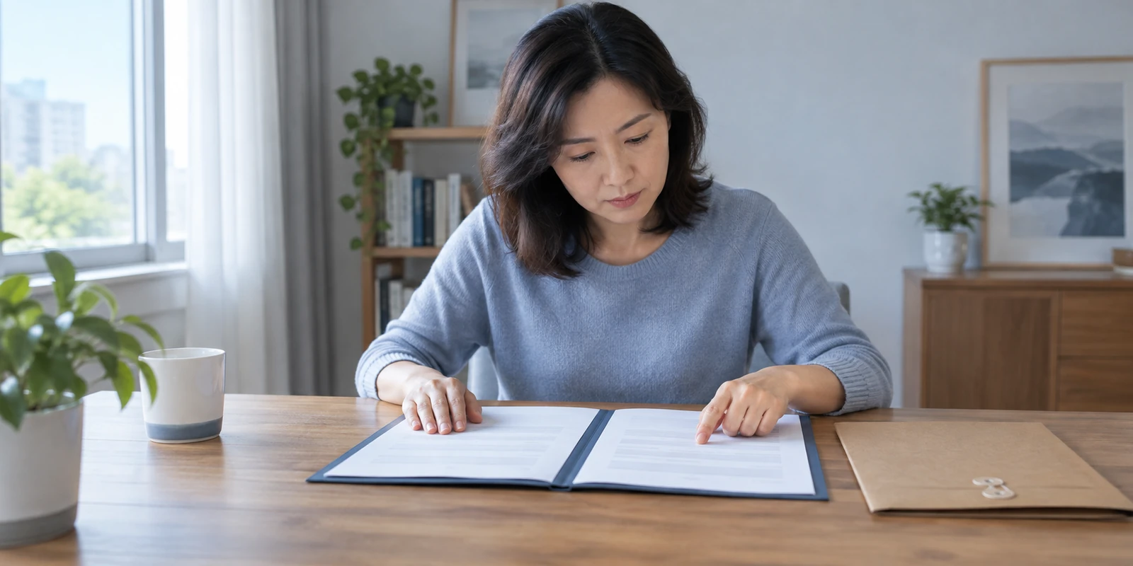 成年女性在家中查看亲缘鉴定报告文件并核对对应信息