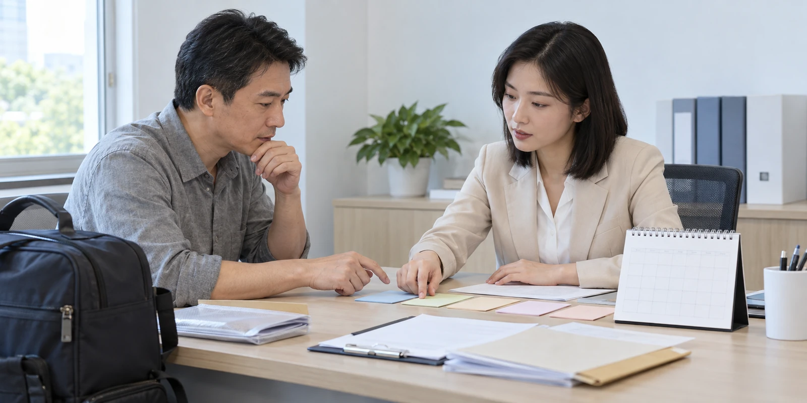 成年人在咨询桌前核对亲子鉴定到访与时间安排