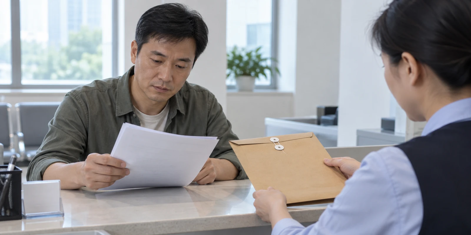 客户在交付窗口核对亲子鉴定纸质报告封套和资料