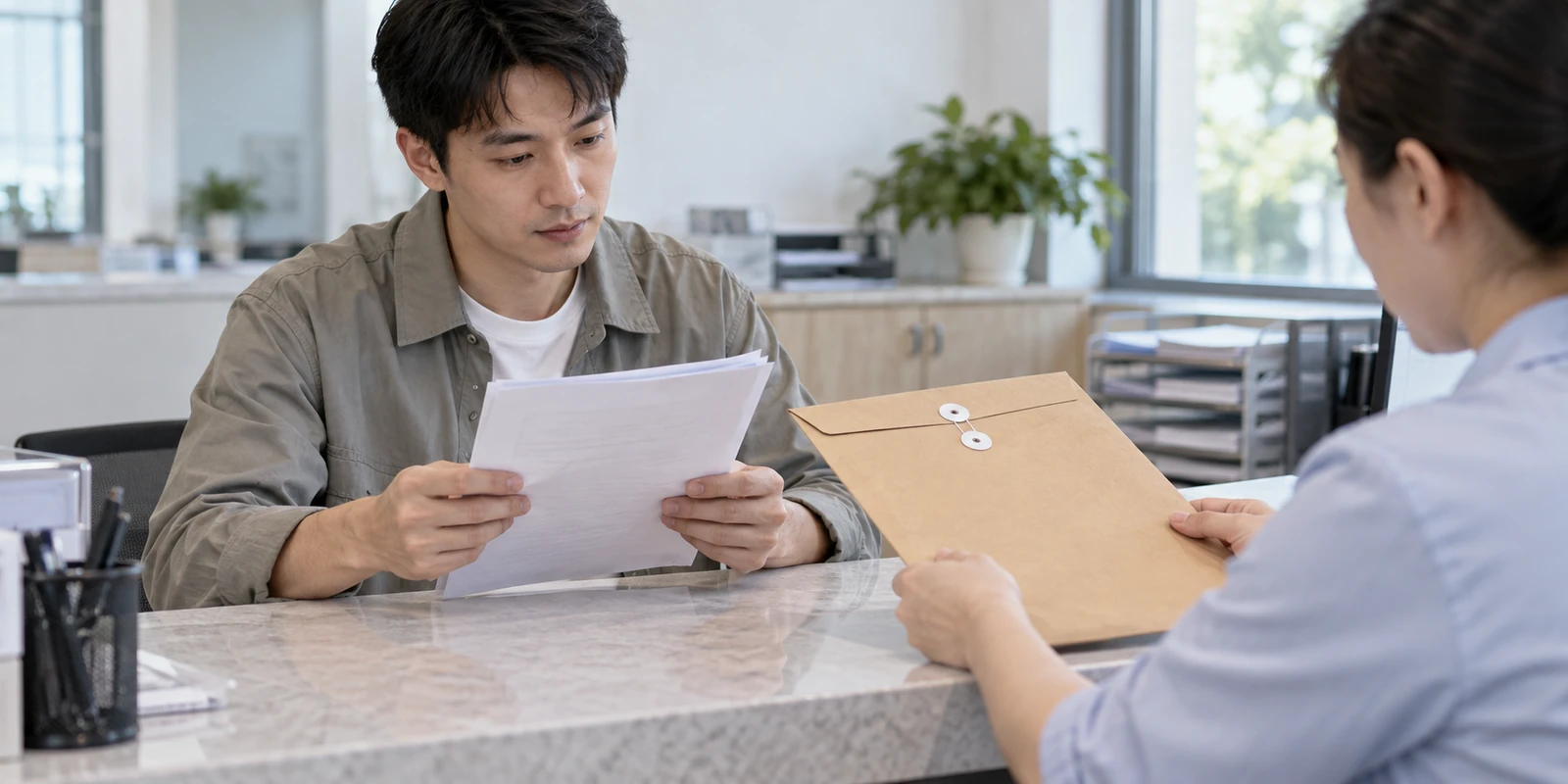 亲子鉴定客户在交付窗口核对纸质报告封套和资料 客户在交付窗口核对亲子鉴定纸质报告封套和资料