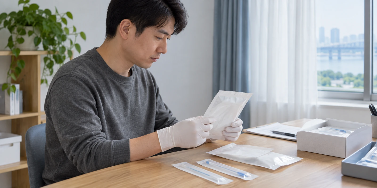 亲子鉴定工作人员在桌面核对样本包装与未拆封用品 工作人员在桌面核对亲子鉴定样本包装与未拆封用品