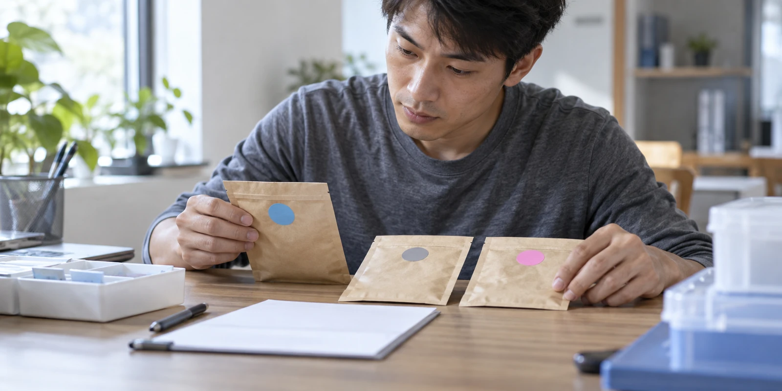 亲子鉴定工作人员核对分开包装的样本与对应标记 工作人员核对分开包装的亲子鉴定样本与对应标记
