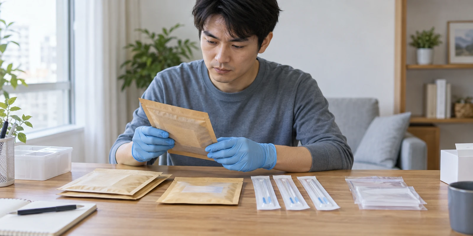 亲子鉴定工作人员在桌面核对样本包装与未拆封用品 工作人员在桌面核对亲子鉴定样本包装与未拆封用品