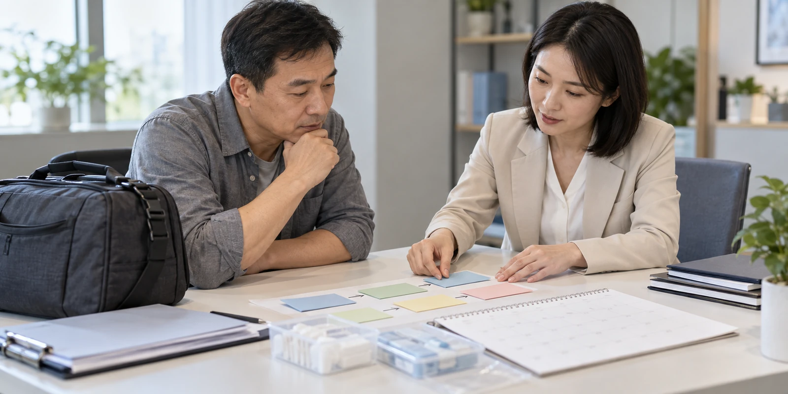 亲子鉴定成年人通过电话核对到访行程和时间安排 成年人在咨询桌前核对亲子鉴定到访与时间安排