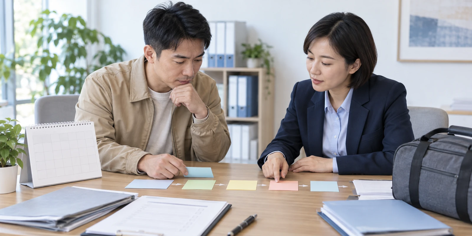 成年人在咨询桌前核对亲子鉴定到访与时间安排