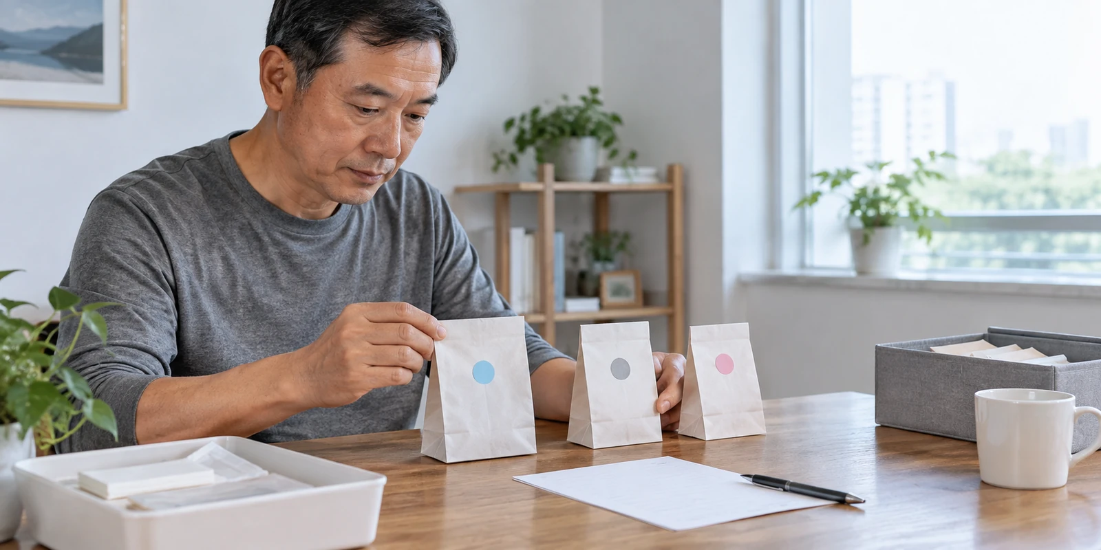 亲子鉴定工作人员核对分开包装的样本与对应标记 工作人员核对分开包装的亲子鉴定样本与对应标记