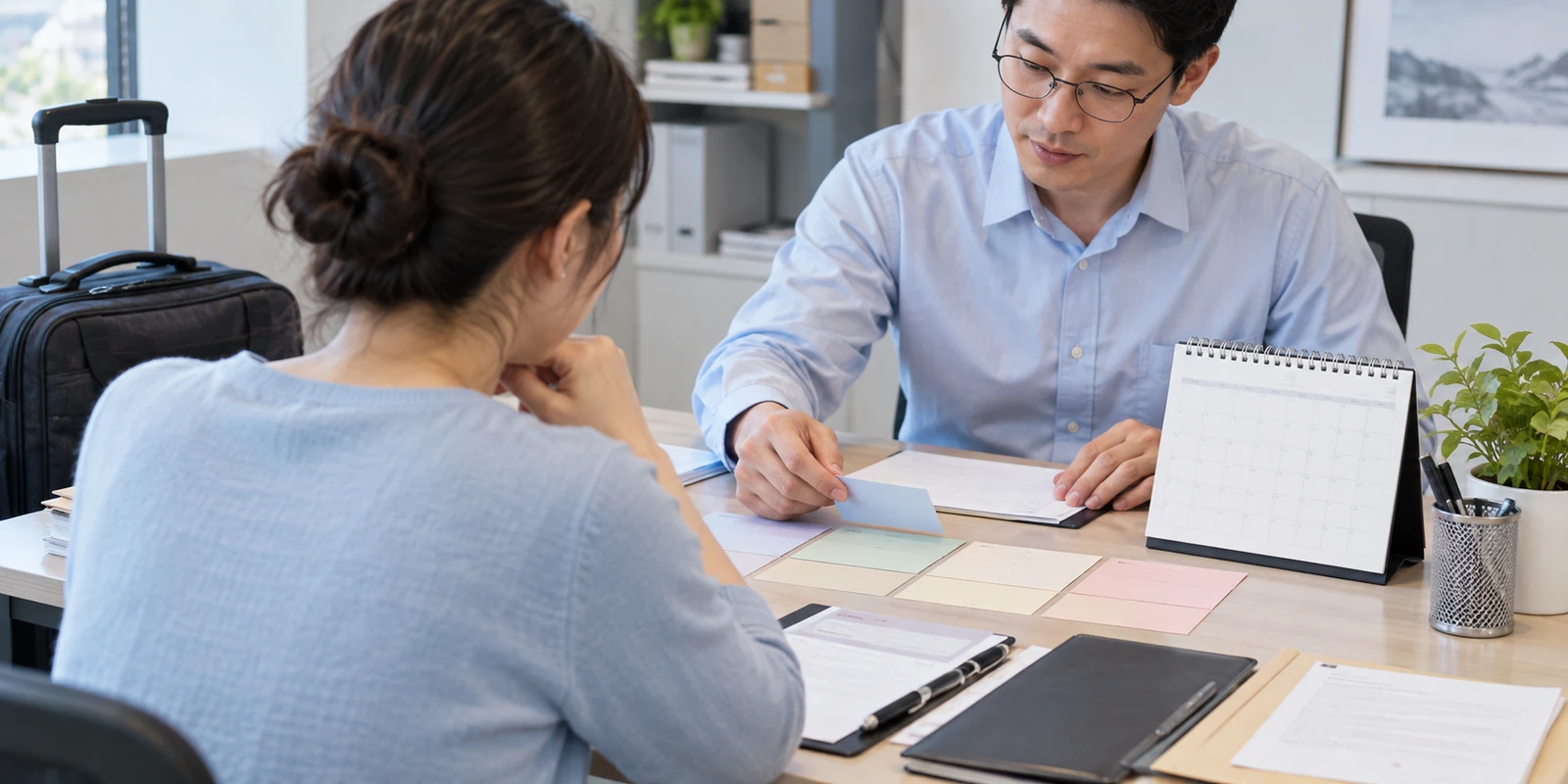 亲子鉴定成年人出发前整理到访所需的资料夹 成年人在咨询桌前核对亲子鉴定到访与时间安排