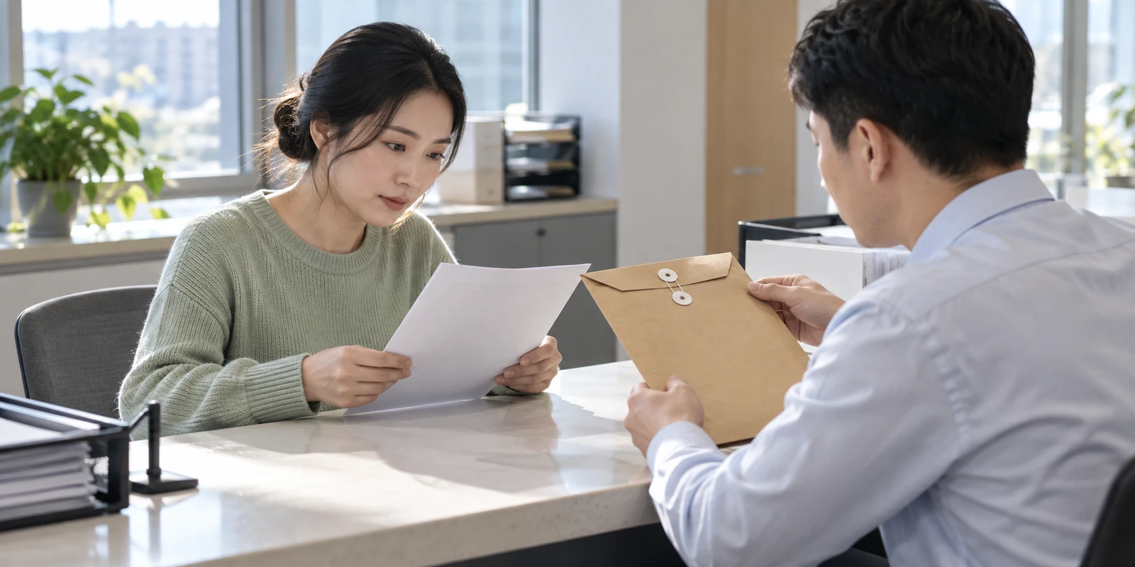 亲子鉴定客户在交付窗口核对纸质报告封套和资料 客户在交付窗口核对亲子鉴定纸质报告封套和资料