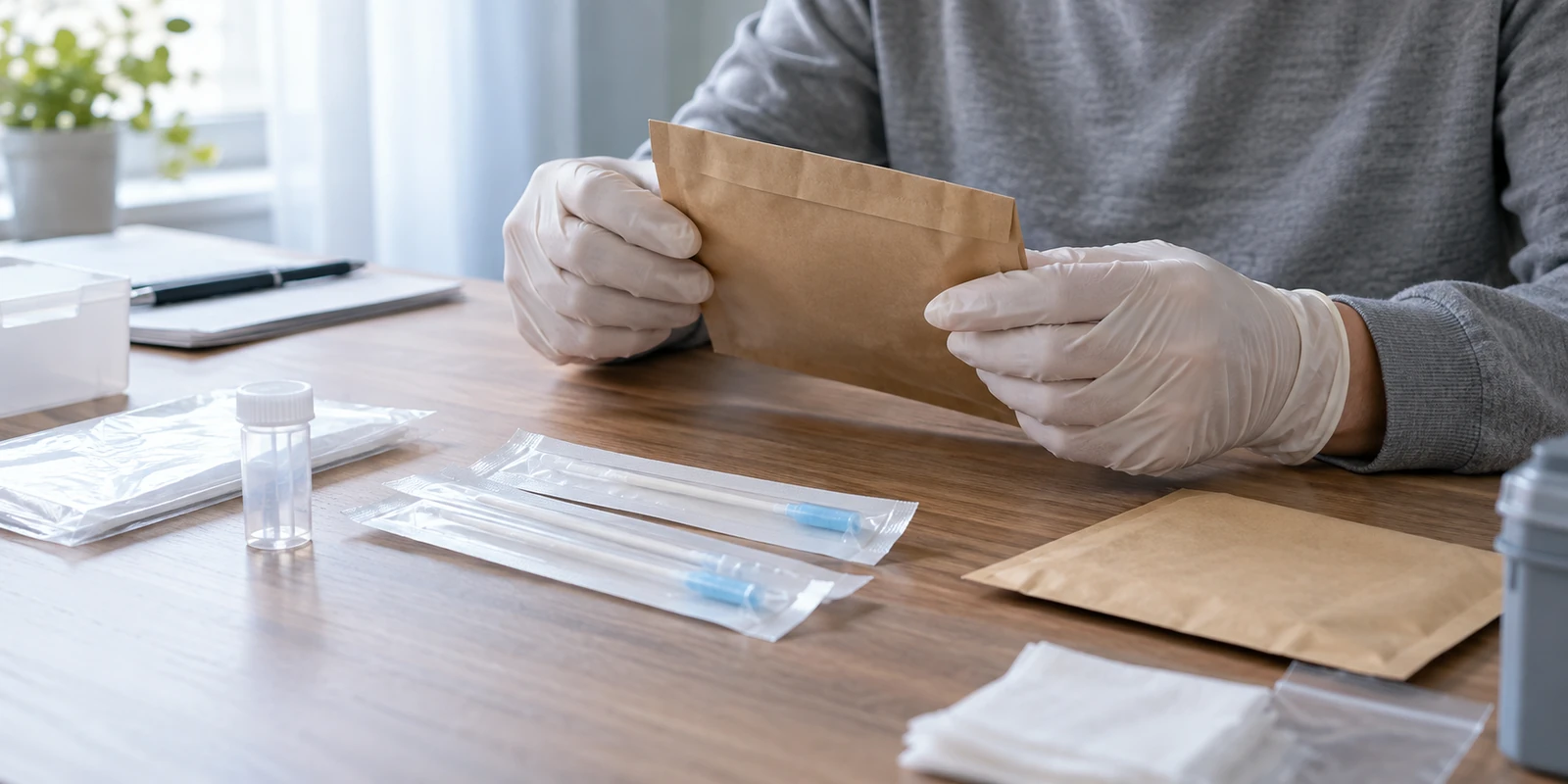 亲子鉴定工作人员在桌面核对样本包装与未拆封用品 工作人员在桌面核对亲子鉴定样本包装与未拆封用品