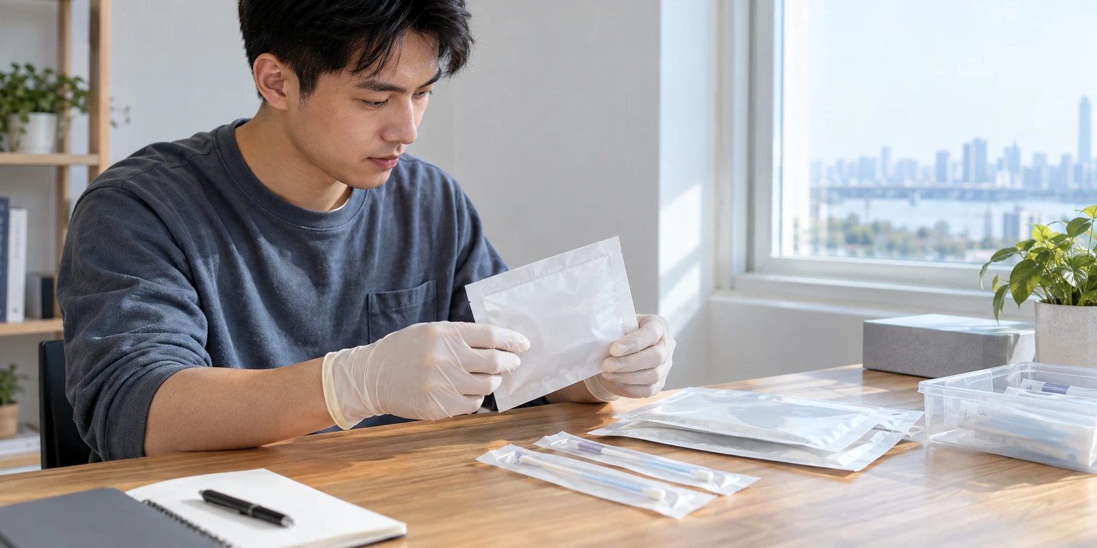 工作人员在桌面核对亲子鉴定样本包装与未拆封用品