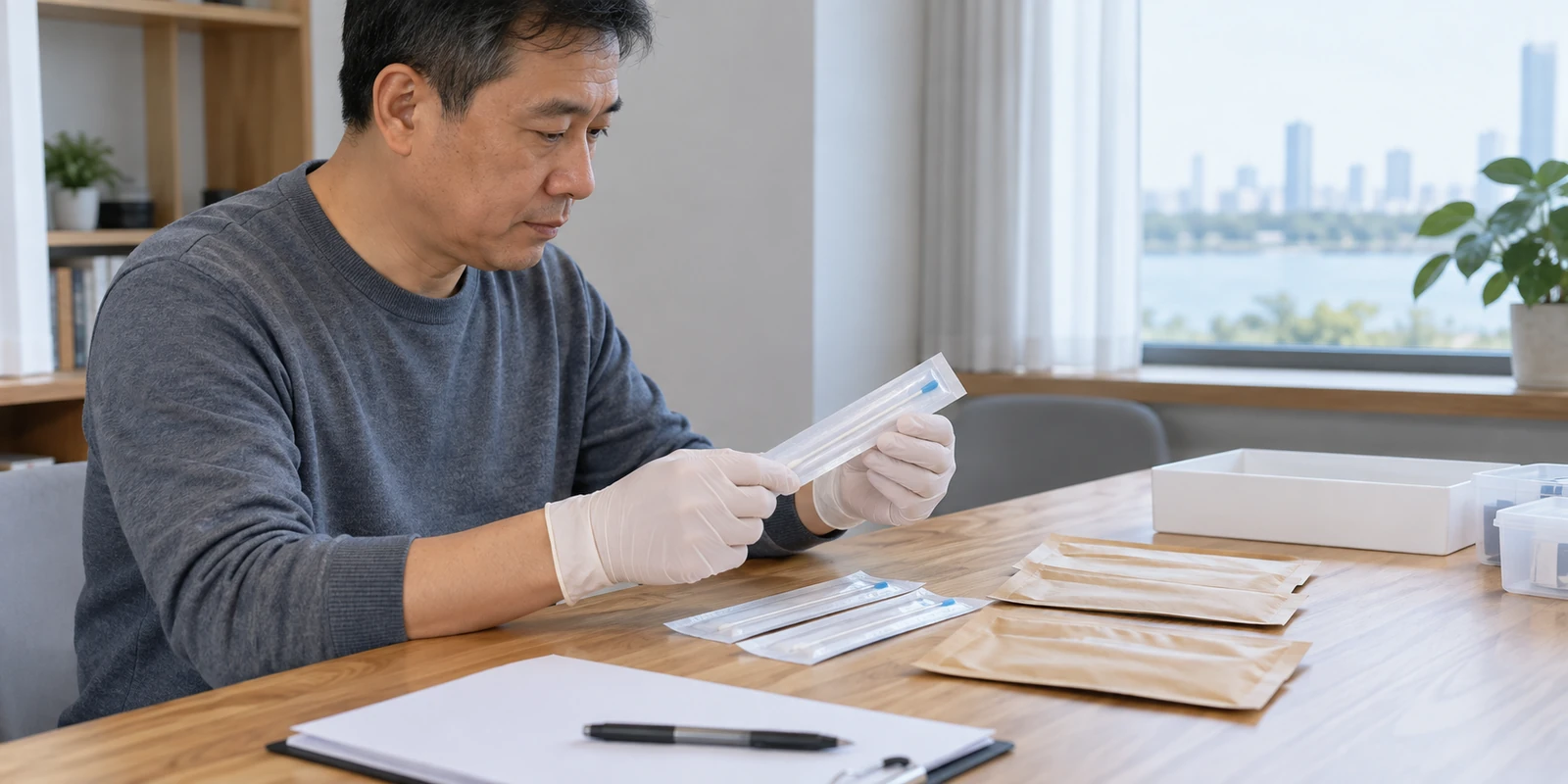 亲子鉴定工作人员在桌面核对样本包装与未拆封用品 工作人员在桌面核对亲子鉴定样本包装与未拆封用品