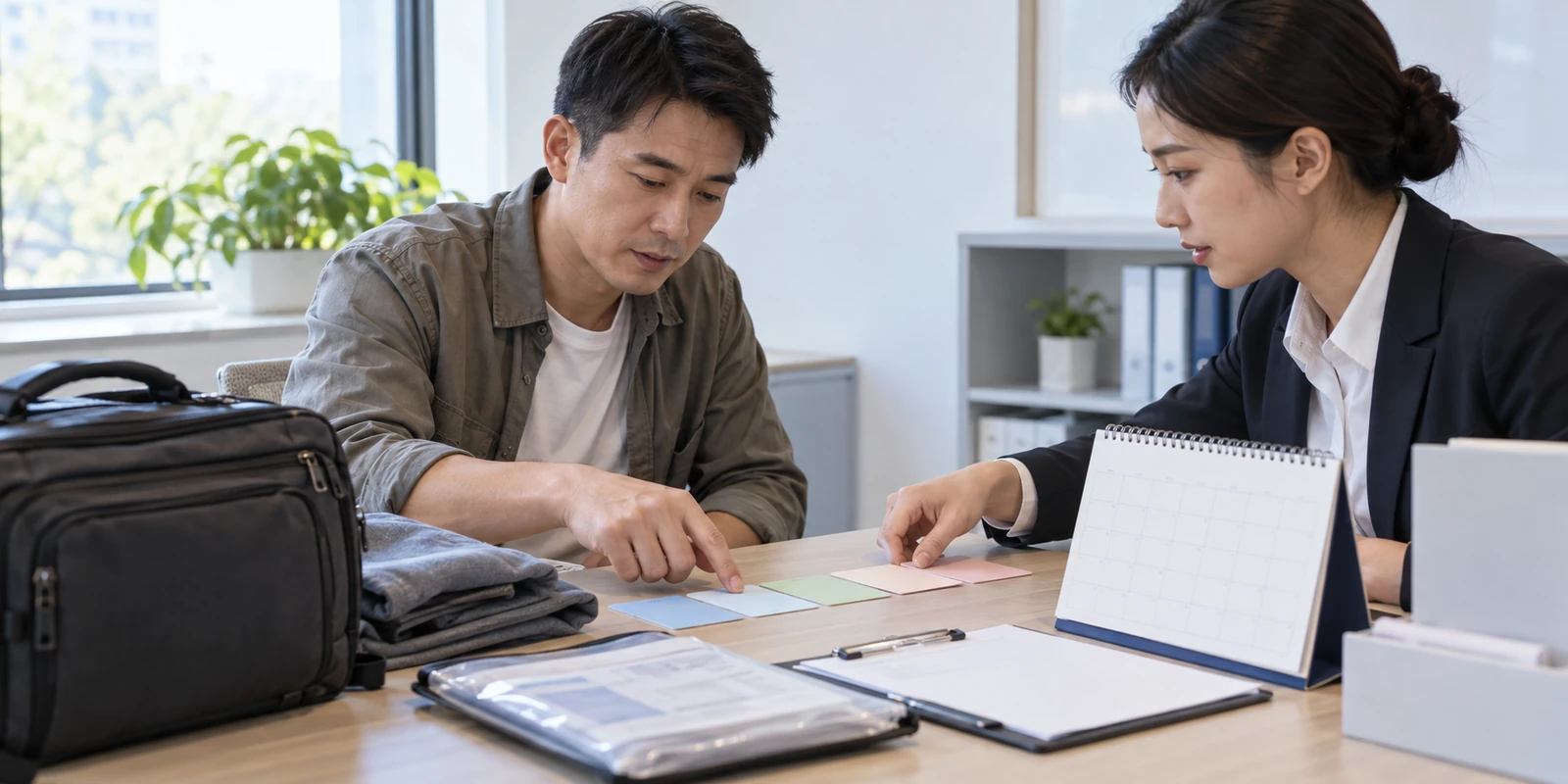 亲子鉴定成年人出发前整理到访所需的资料夹 成年人在咨询桌前核对亲子鉴定到访与时间安排