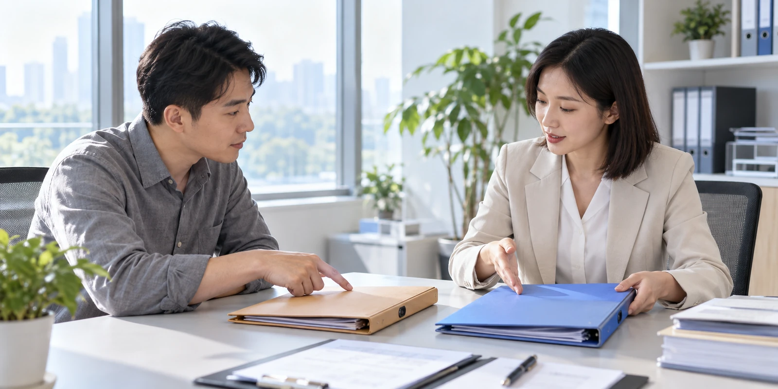 亲子鉴定客户与工作人员确认到访时间及办理安排 成年人在咨询桌前核对亲子鉴定报告用途与办理路线