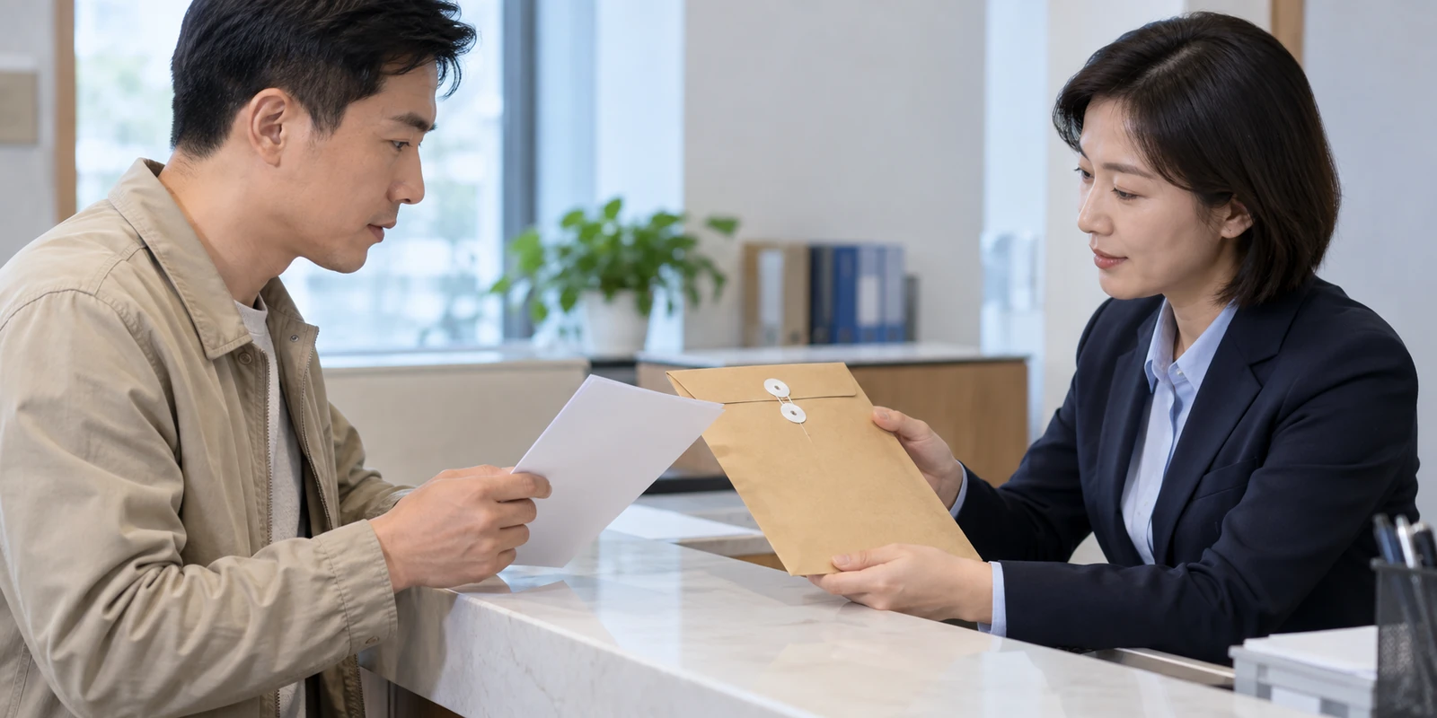 亲子鉴定客户在交付窗口核对纸质报告封套和资料 客户在交付窗口核对亲子鉴定纸质报告封套和资料