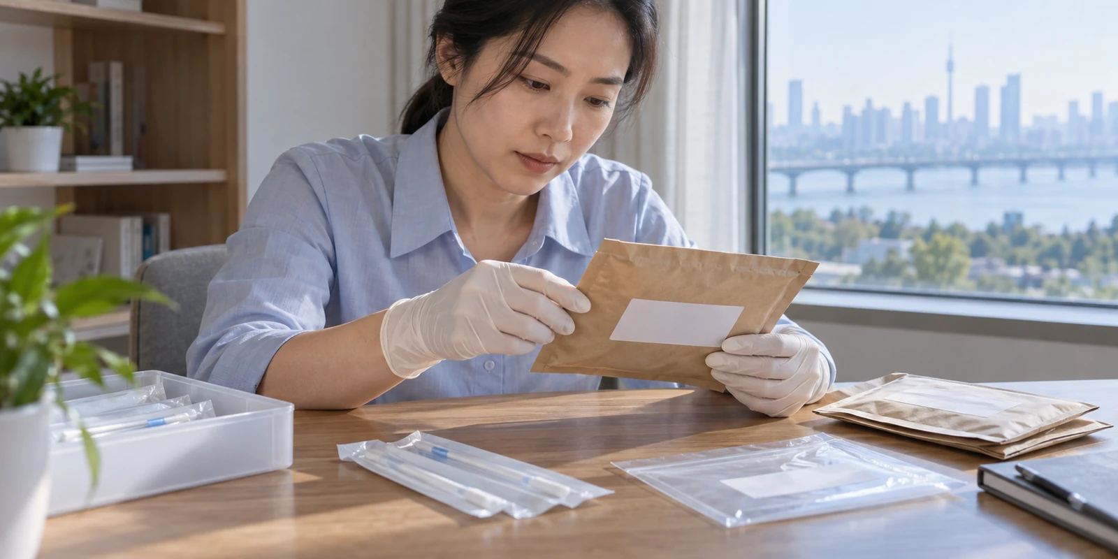 工作人员在桌面核对亲子鉴定样本包装与未拆封用品