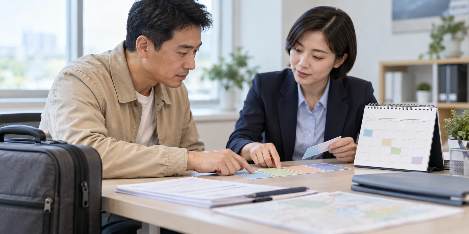亲子鉴定成年人通过电话核对到访行程和时间安排 成年人在咨询桌前核对亲子鉴定到访与时间安排