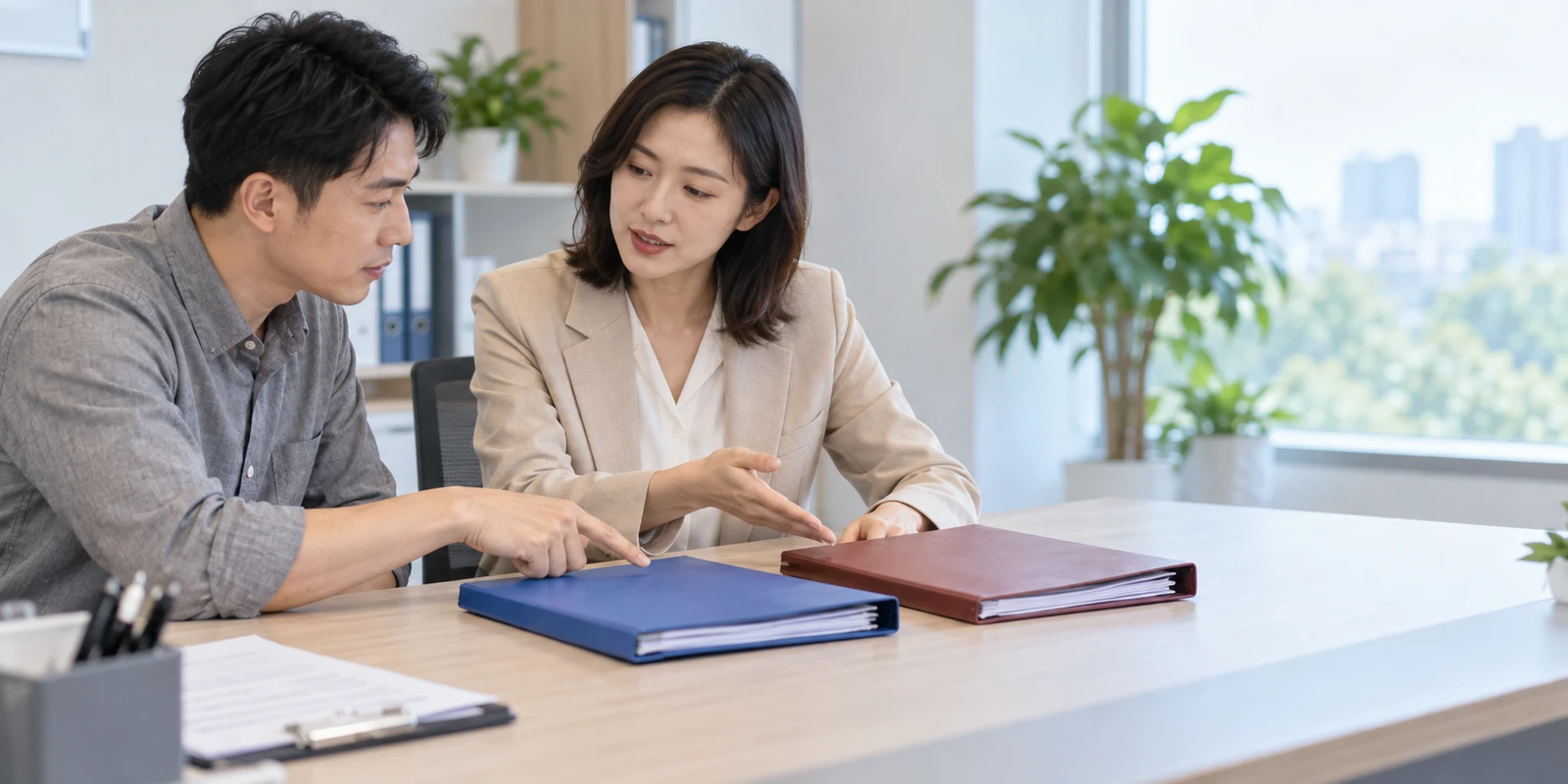 亲子鉴定客户与工作人员确认到访时间及办理安排 成年人在咨询桌前核对亲子鉴定报告用途与办理路线