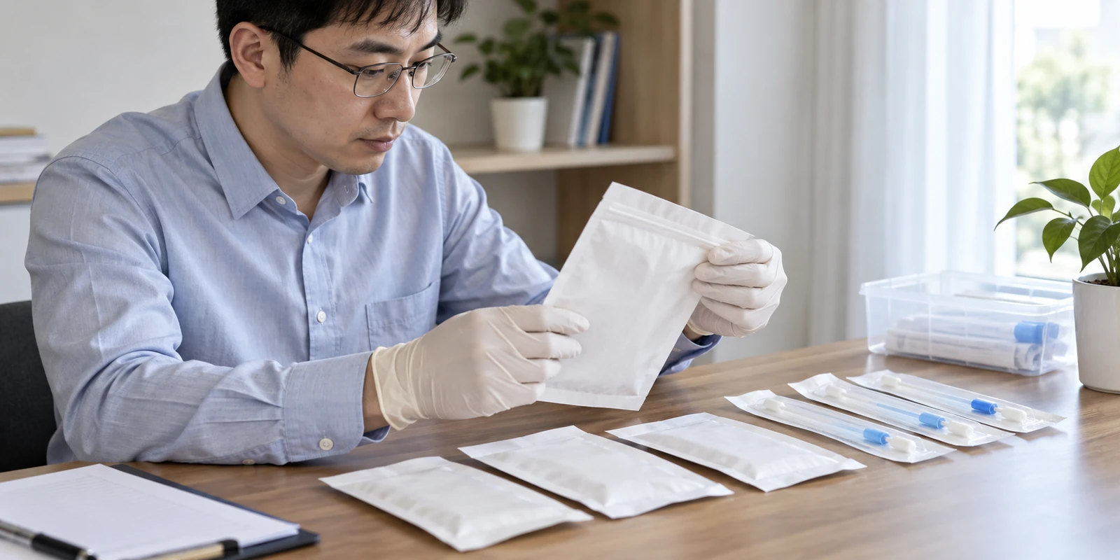 工作人员在桌面核对亲子鉴定样本包装与未拆封用品