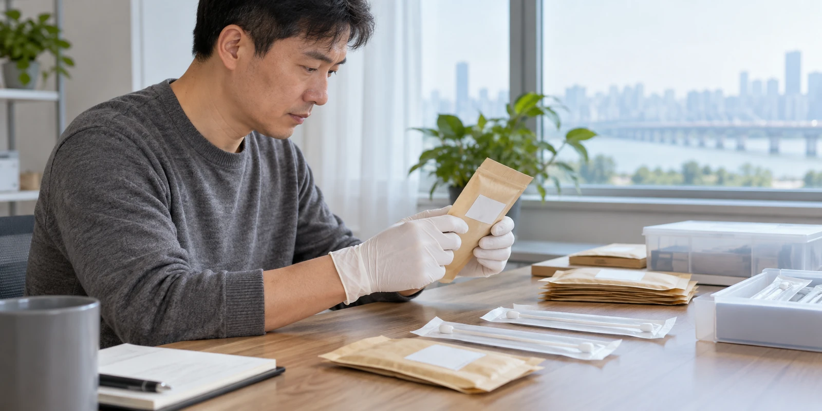 亲子鉴定工作人员在桌面核对样本包装与未拆封用品 工作人员在桌面核对亲子鉴定样本包装与未拆封用品