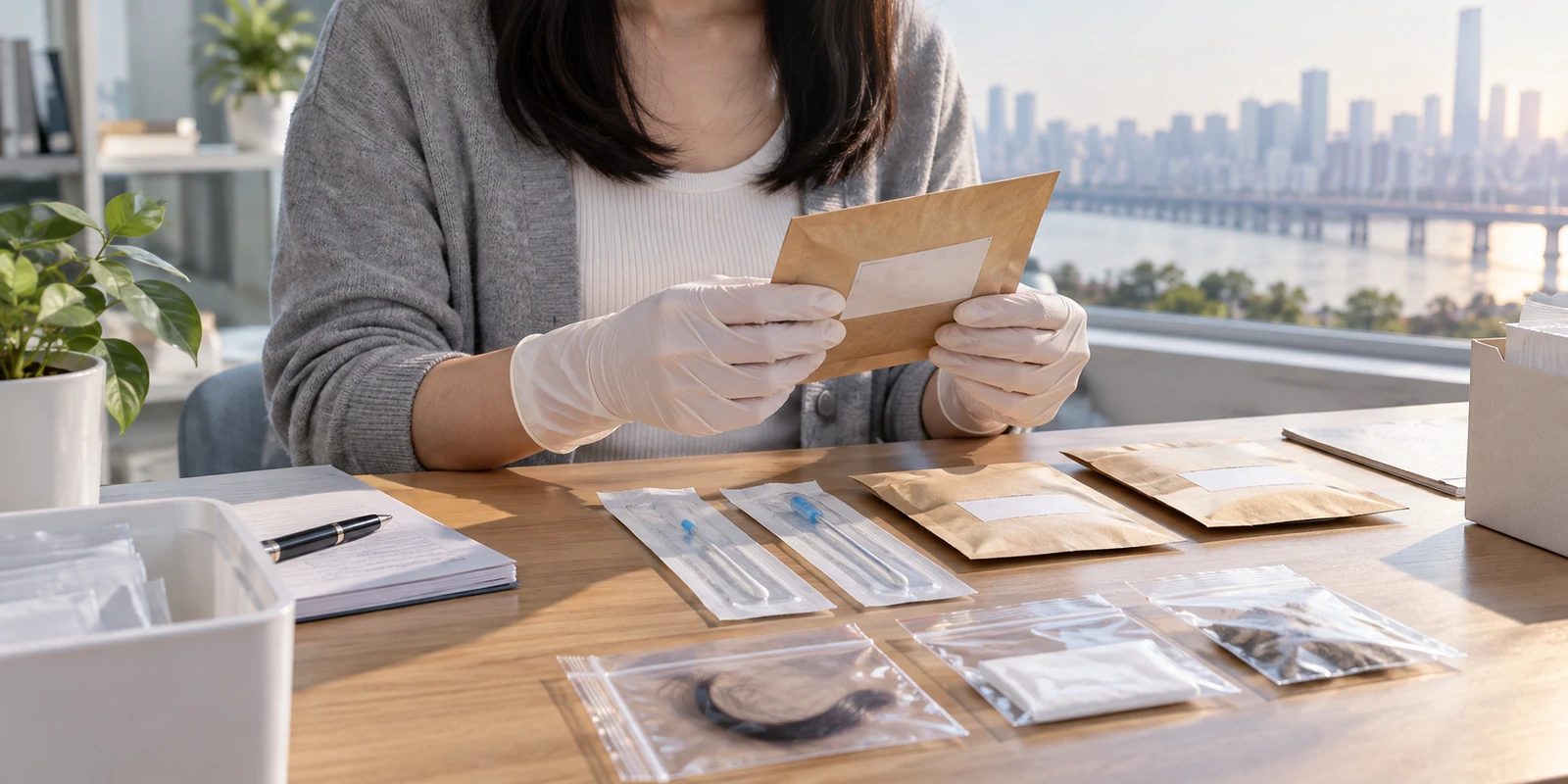 亲子鉴定工作人员在桌面核对样本包装与未拆封用品 工作人员在桌面核对亲子鉴定样本包装与未拆封用品