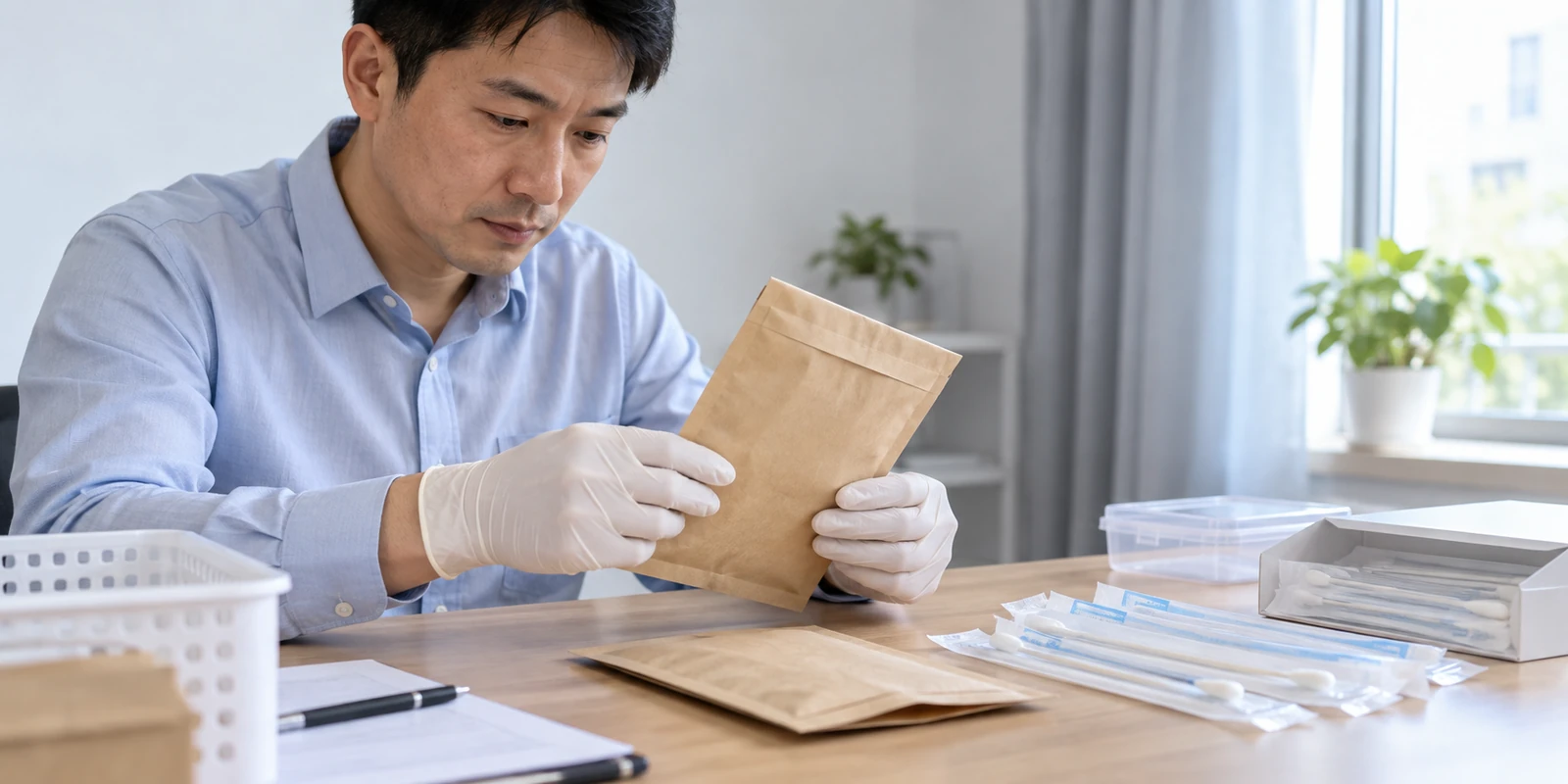 亲子鉴定工作人员在桌面核对样本包装与未拆封用品 工作人员在桌面核对亲子鉴定样本包装与未拆封用品