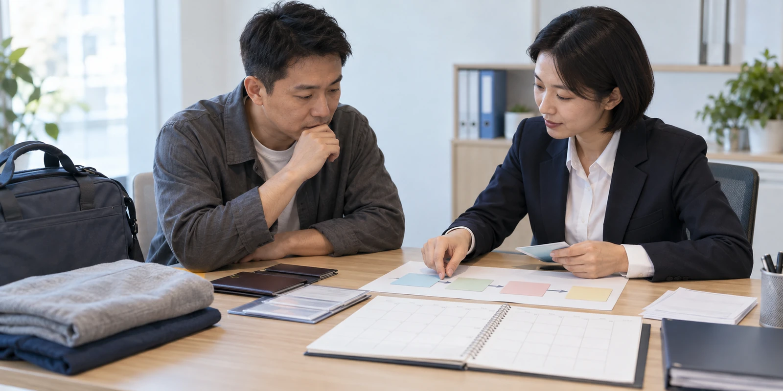 亲子鉴定成年人出发前整理到访所需的资料夹 成年人在咨询桌前核对亲子鉴定到访与时间安排