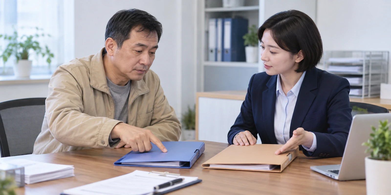 亲子鉴定成年人出发前整理到访所需的资料夹 成年人在咨询桌前核对亲子鉴定报告用途与办理路线