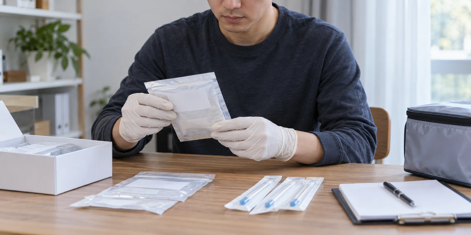 工作人员在桌面核对亲子鉴定样本包装与未拆封用品