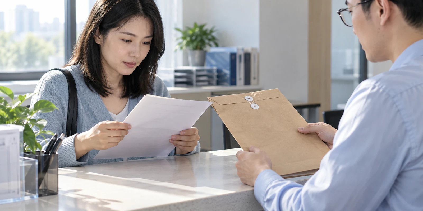 亲子鉴定客户在交付窗口核对纸质报告封套和资料 客户在交付窗口核对亲子鉴定纸质报告封套和资料