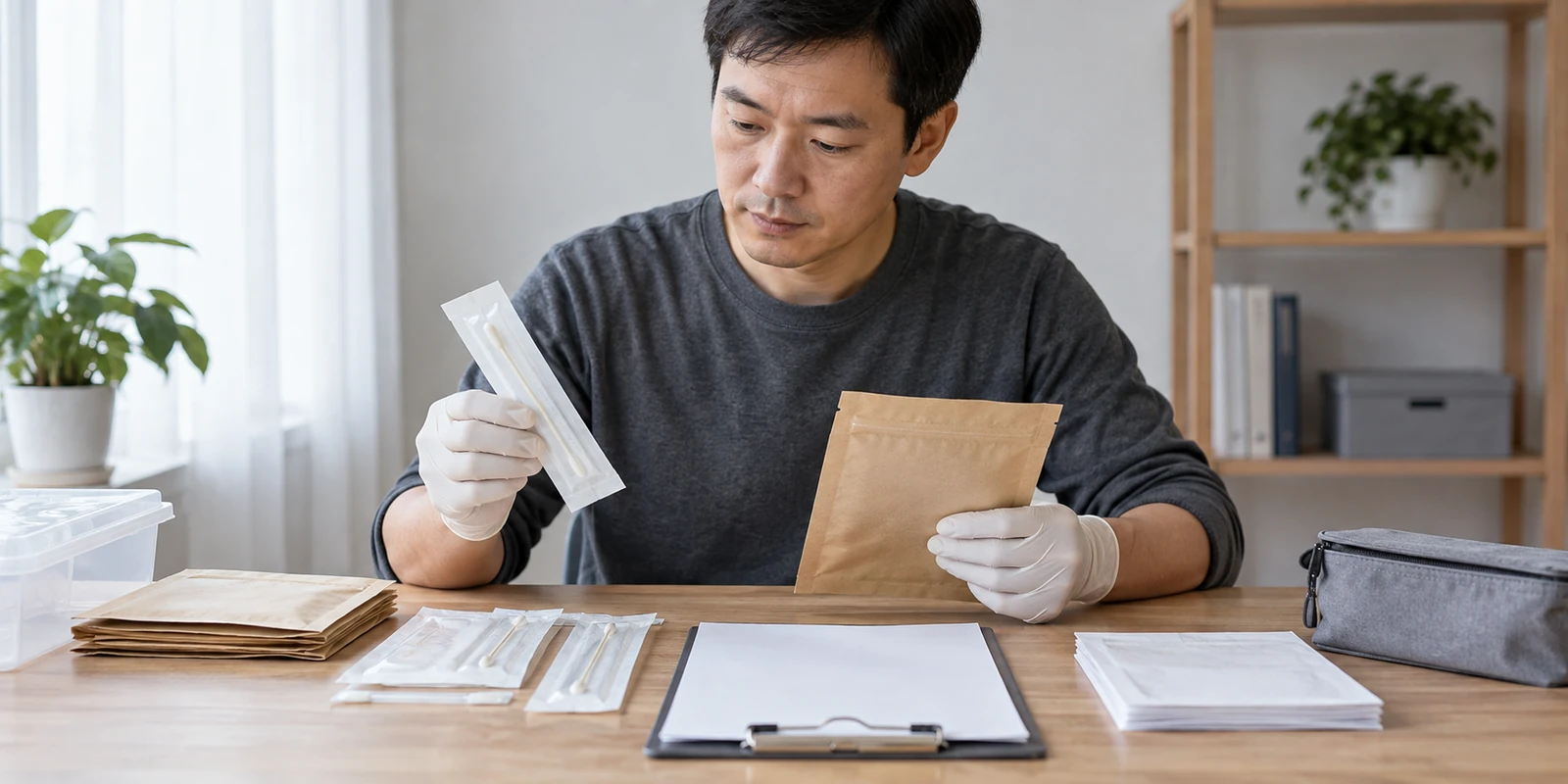 工作人员在桌面核对亲子鉴定样本包装与未拆封用品