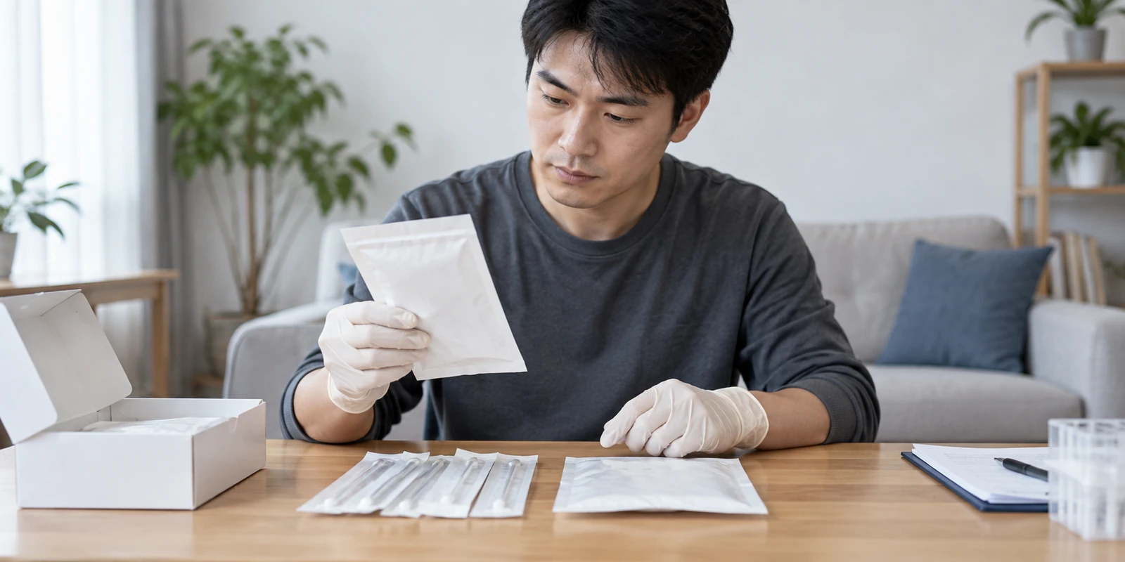亲子鉴定工作人员在桌面核对样本包装与未拆封用品 工作人员在桌面核对亲子鉴定样本包装与未拆封用品