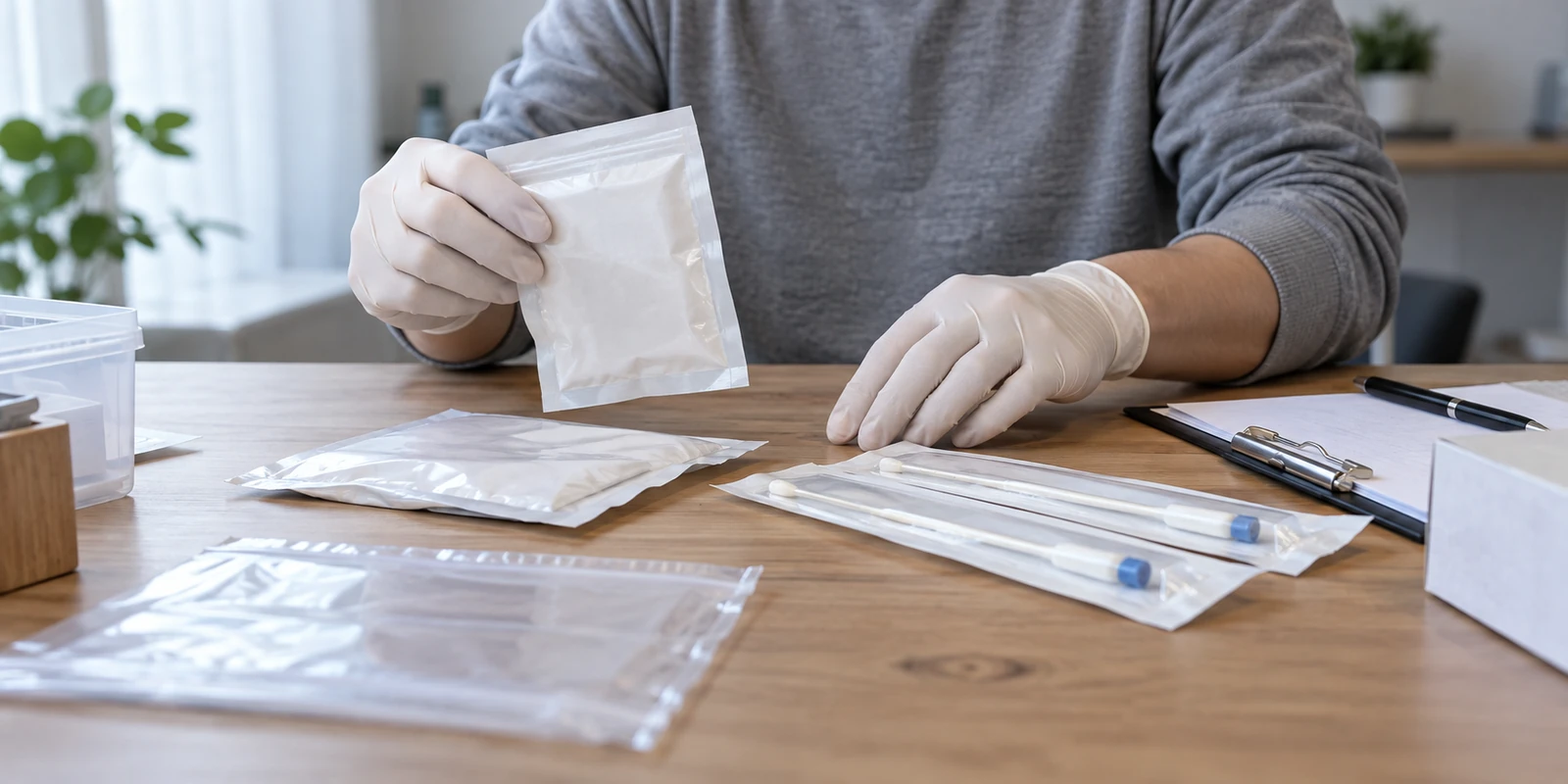 亲子鉴定工作人员在桌面核对样本包装与未拆封用品 工作人员在桌面核对亲子鉴定样本包装与未拆封用品