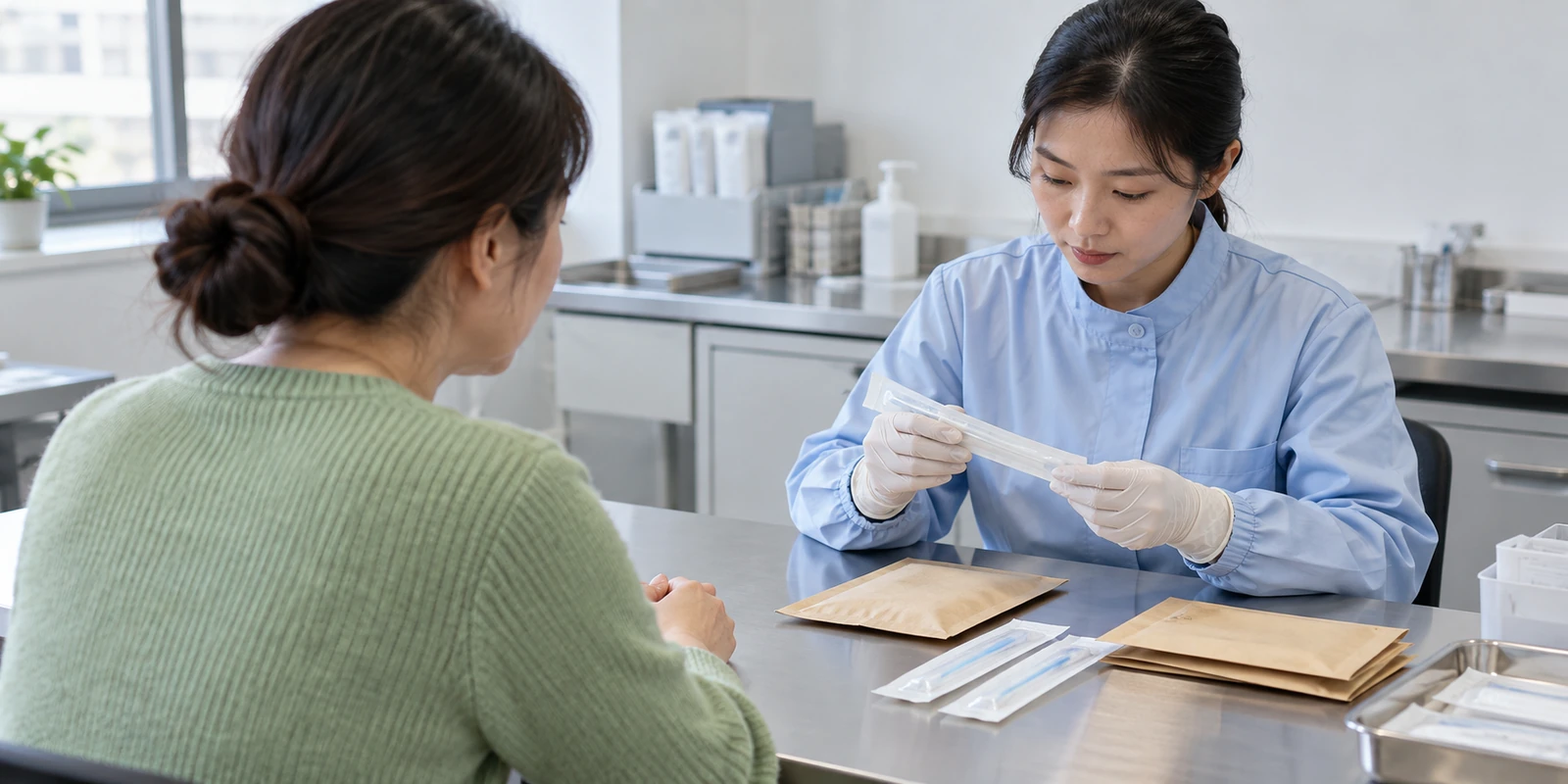 亲子鉴定成年人通过电话核对到访行程和时间安排 工作人员在样本台核对亲子鉴定密封样本与包装状态
