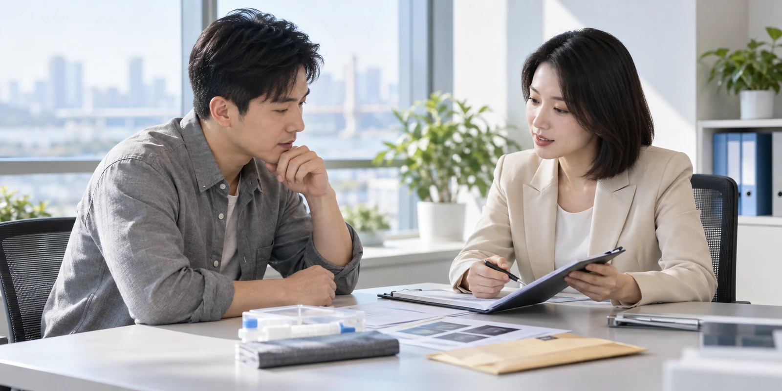 亲子鉴定客户与工作人员确认到访时间及办理安排 成年人和咨询人员面对面核对亲子鉴定需求与准备资料