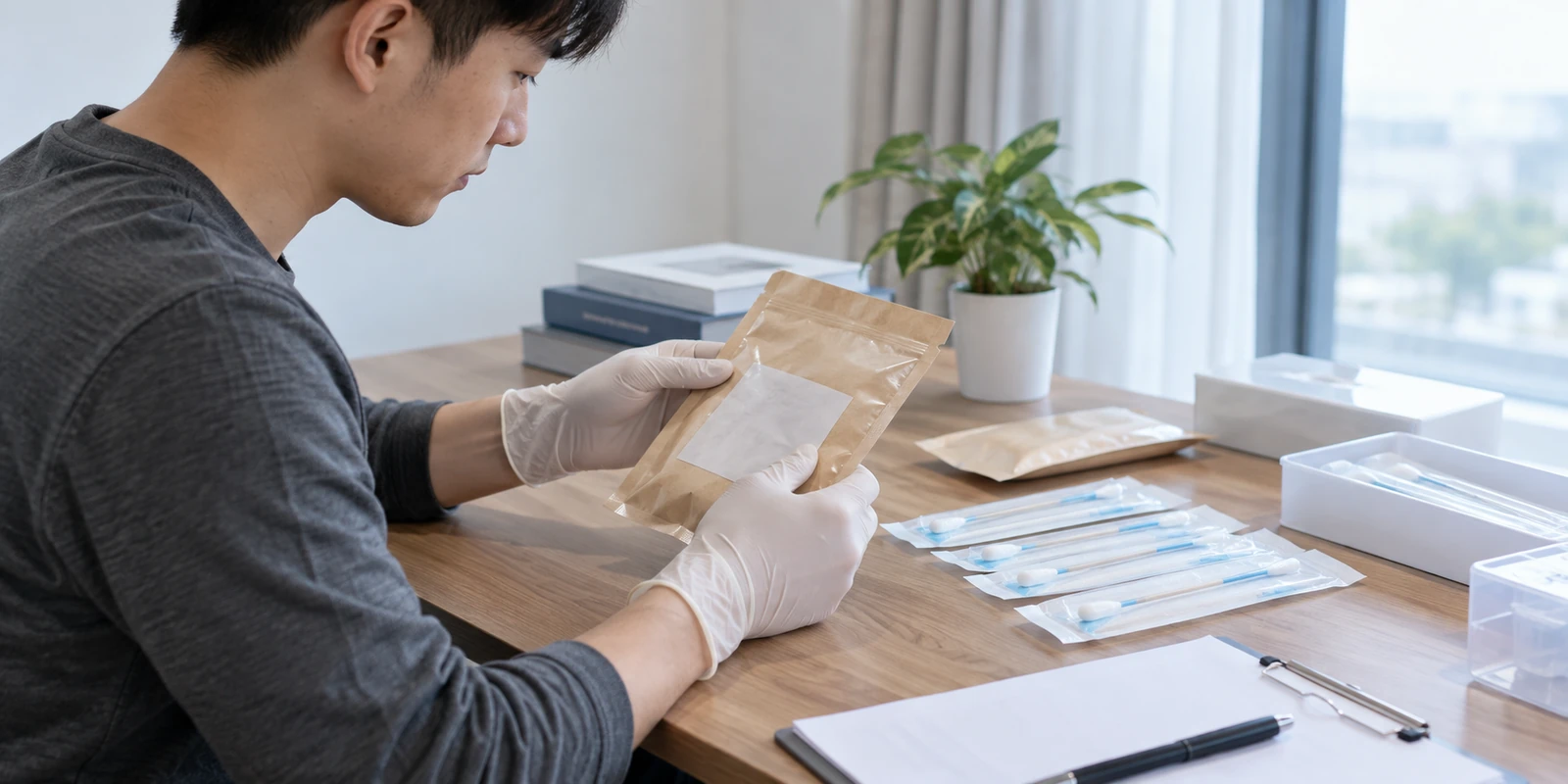 亲子鉴定工作人员在桌面核对样本包装与未拆封用品 工作人员在桌面核对亲子鉴定样本包装与未拆封用品