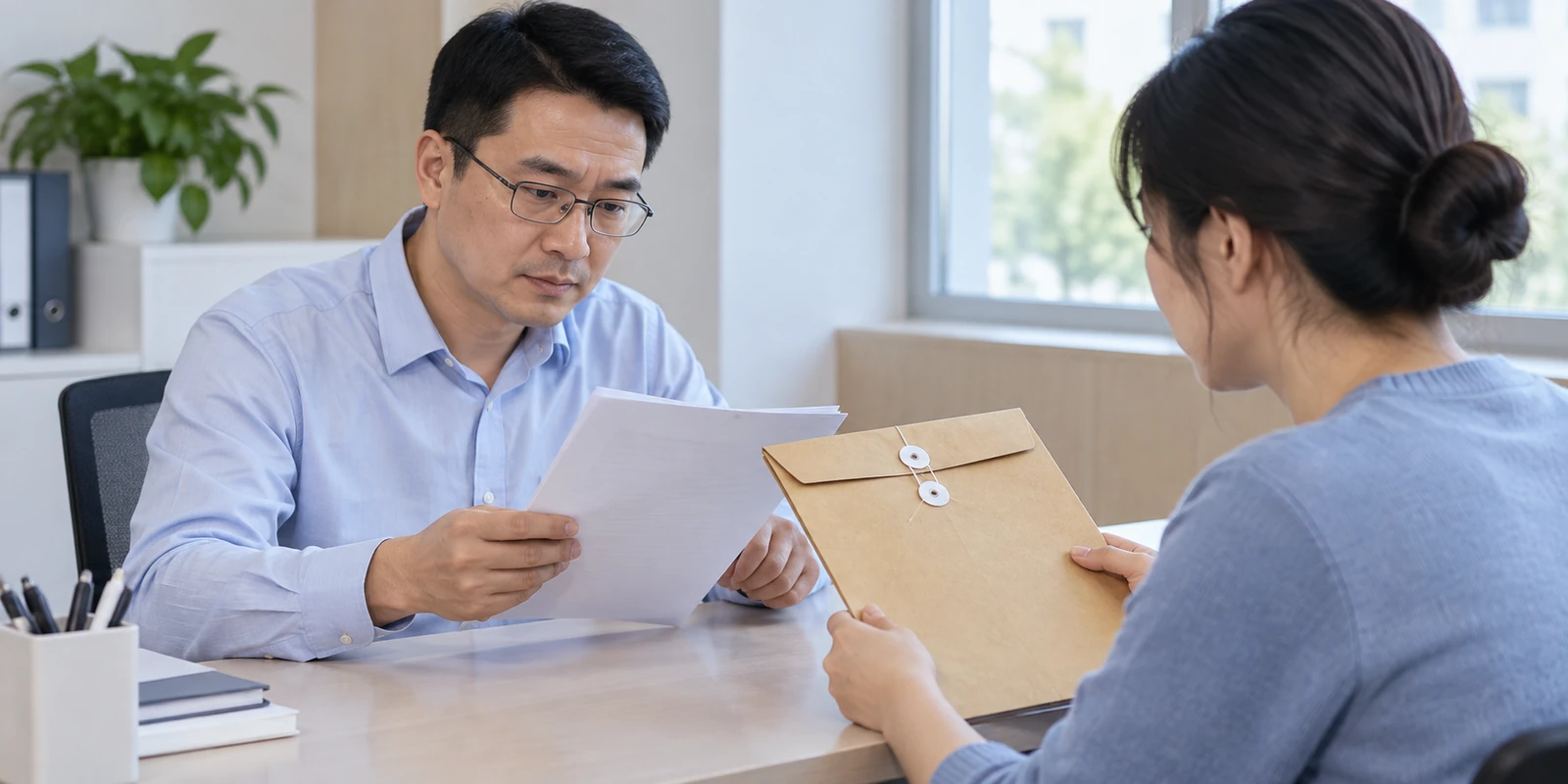 亲子鉴定客户在交付窗口核对纸质报告封套和资料 客户在交付窗口核对亲子鉴定纸质报告封套和资料