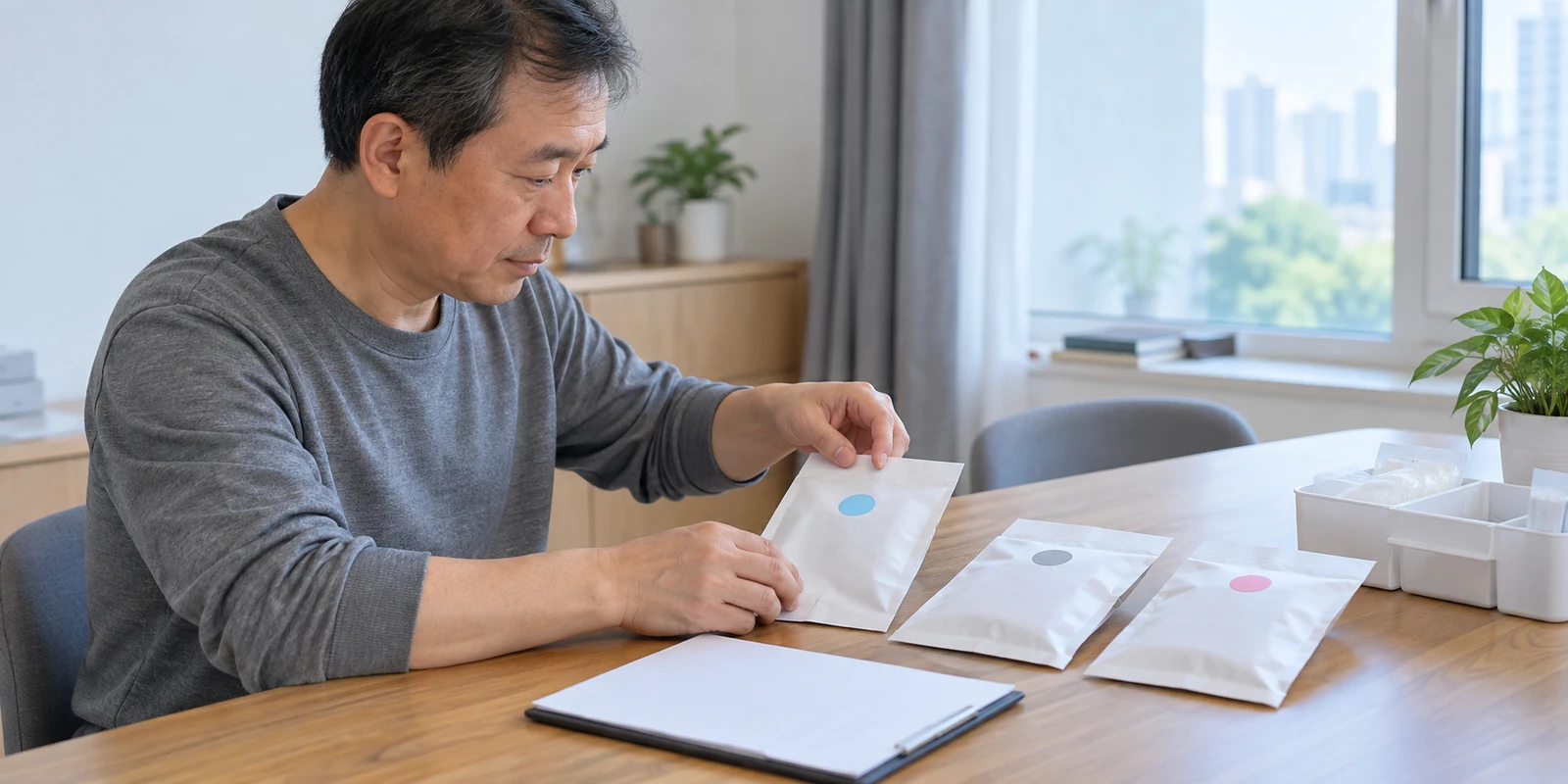 亲子鉴定工作人员核对分开包装的样本与对应标记 工作人员核对分开包装的亲子鉴定样本与对应标记